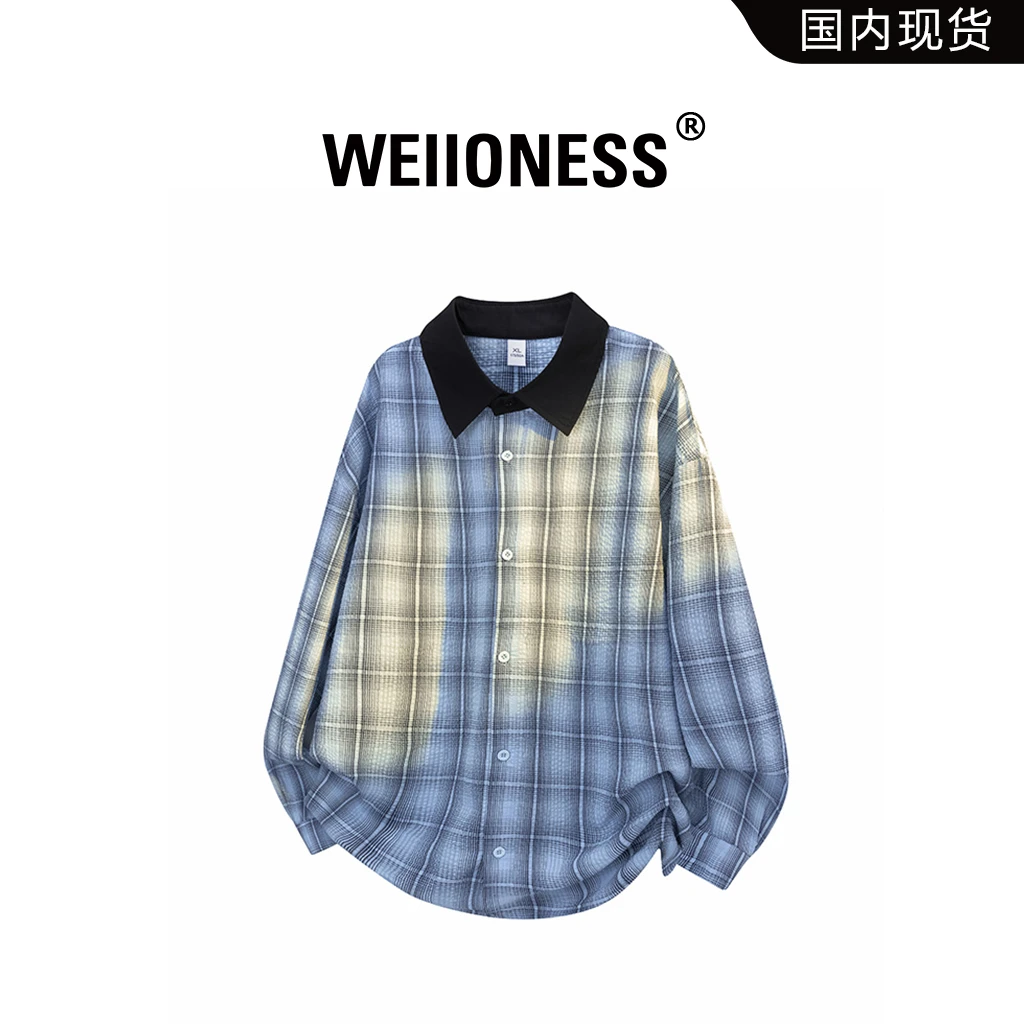 WEIIONESS复古格纹衬衫男士春秋季小众设计感韩系高级感翻领外套