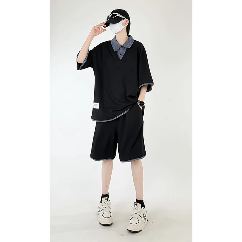 假两件休闲运动套装男夏季潮牌复古衬衫领T恤衫高级感短裤两件套