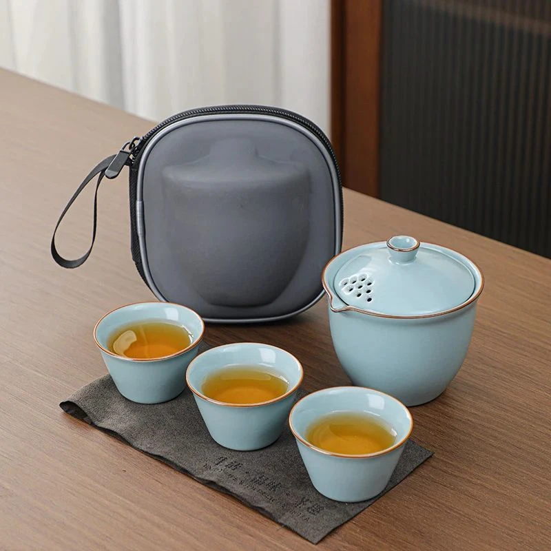 可开片天青汝窑旅行茶具套装一壶三杯便携式户外车载露营泡茶神器