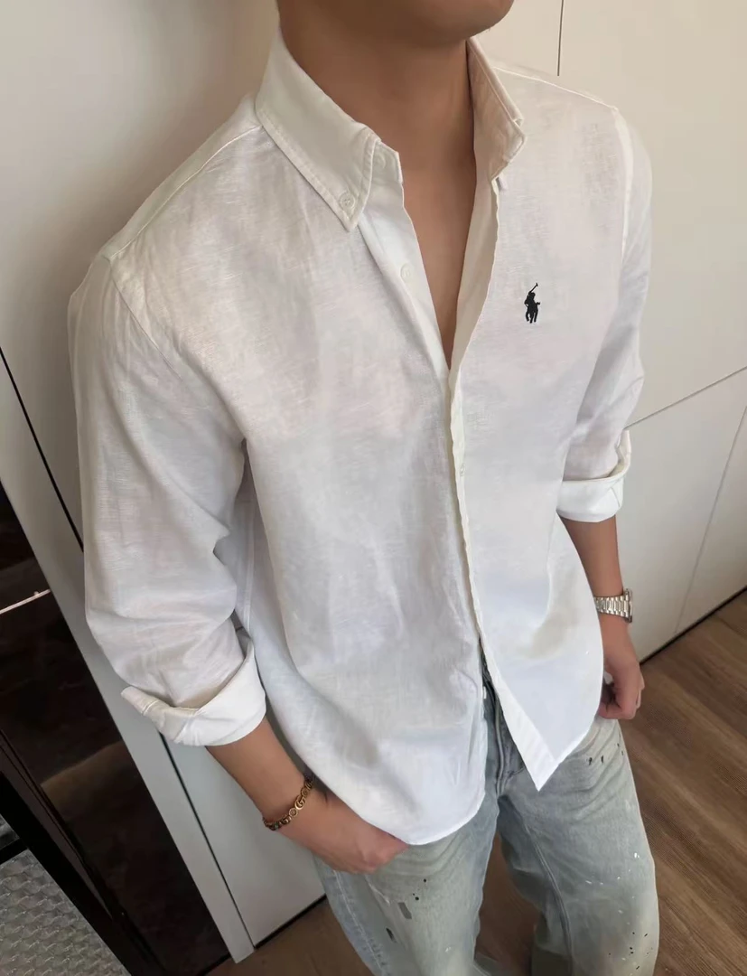 100%亚麻薄款长袖衬衫男款2025新款轻薄百搭上衣衬衣男装透气