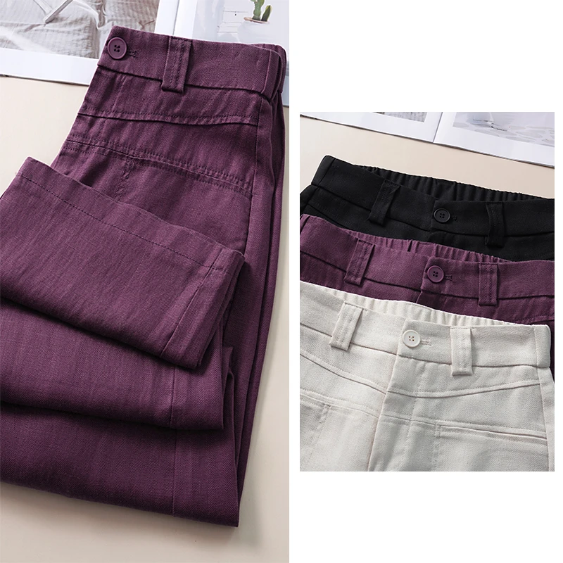 【乌梅紫】夏季新款桑蚕 丝亚麻休闲阔腿裤高腰百搭显瘦直筒裤1790