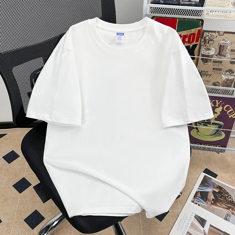 100%纯棉260g光板t恤五分袖港风微落肩男士纯色短袖t恤男高质量