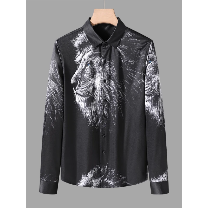 高端衬衫男装春秋季新款欧洲站狮子印花休闲长袖衬衣修身尖领寸衫