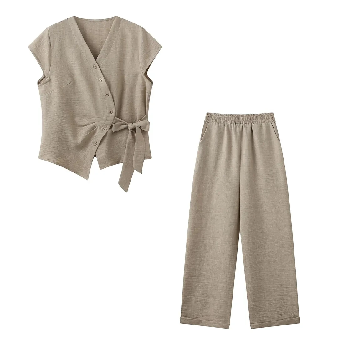 时尚显瘦减龄百搭洋气宽松小香风夏季套装系带休闲纯色两件套女装