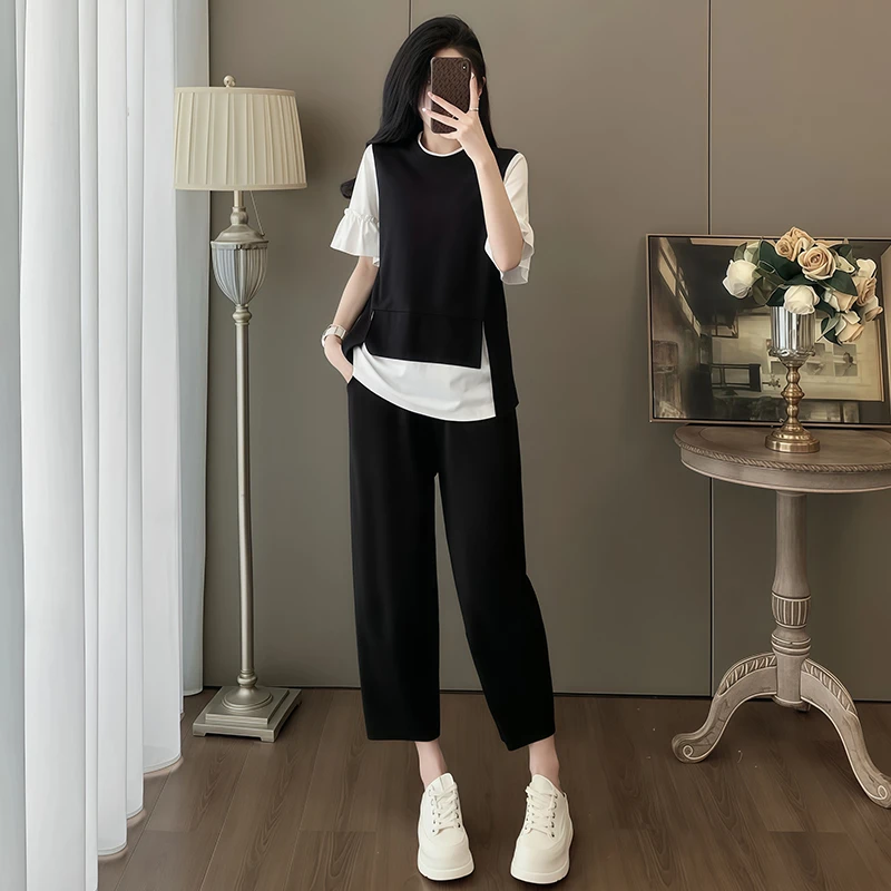 休闲减龄运动套装女2026年夏季新款显瘦假两件短袖七分裤两件套