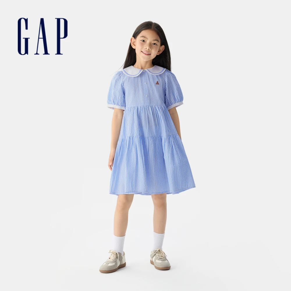 【大童款】Gap女童2025夏季纯棉刺绣娃娃领泡泡袖连衣裙767076