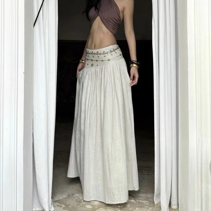 【罗马假日】熙浠-珠片低腰烫钻麻裙半身裙