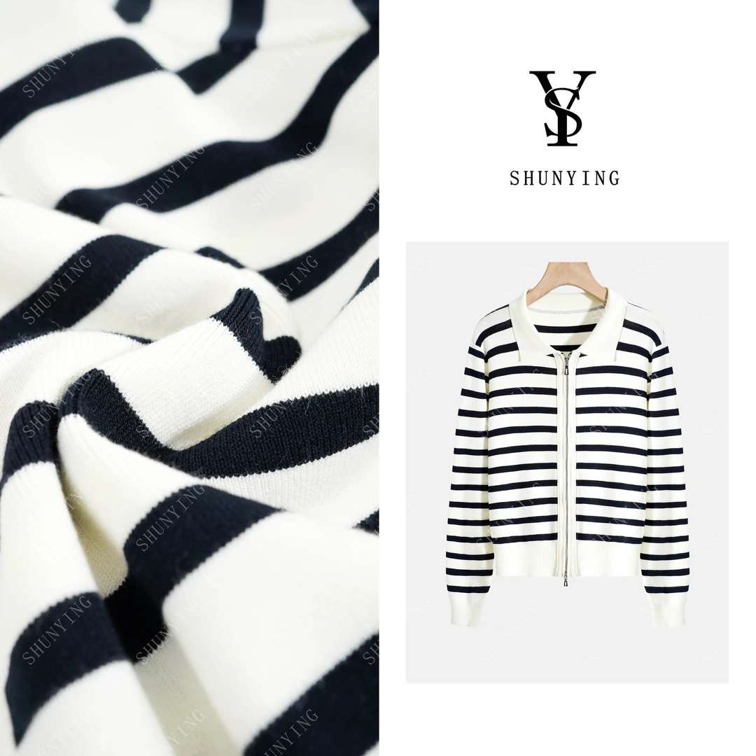 【仟娜】好穿显气质~设计感翻领复古双拉链条纹针织开衫SY71ZZ8277