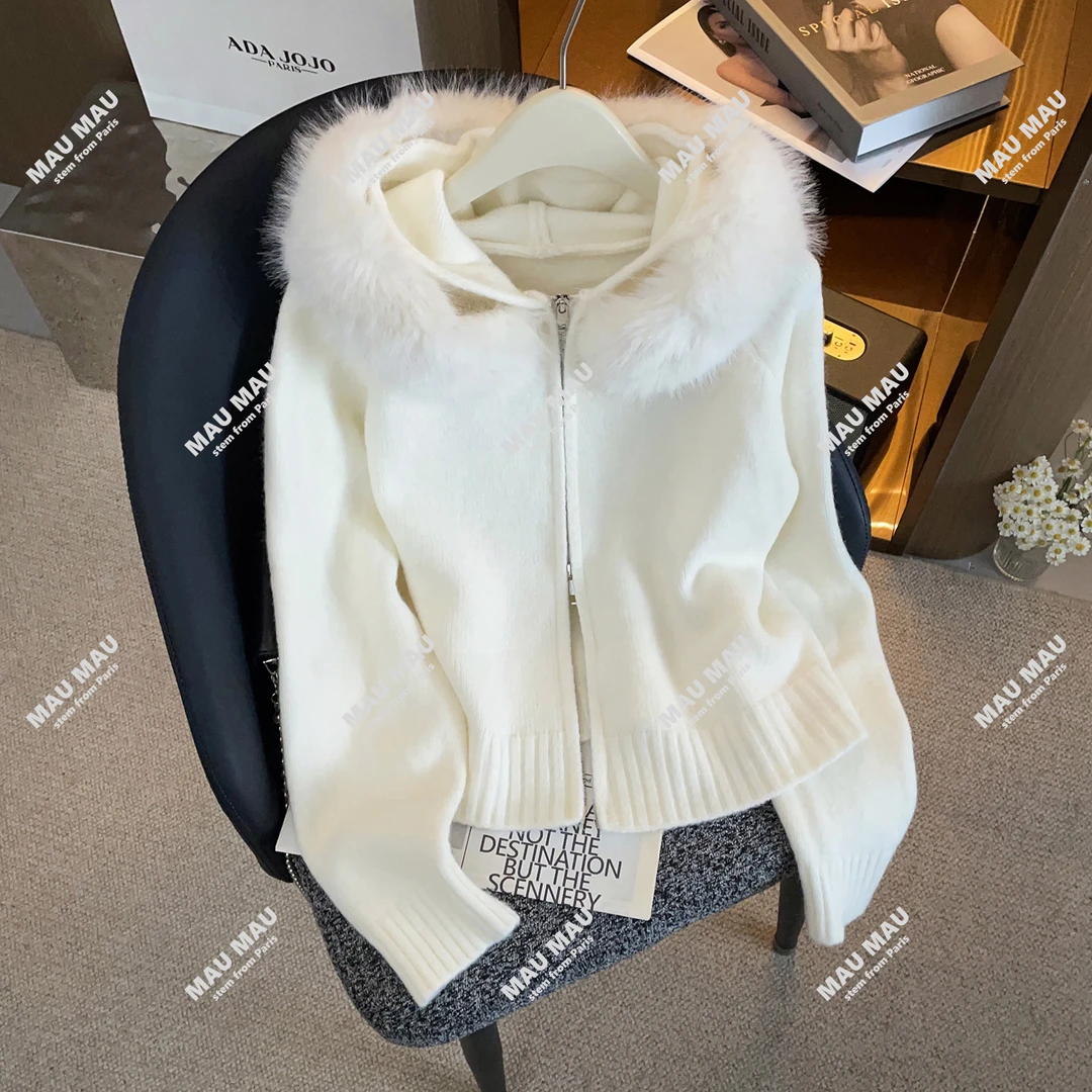 韩系慵懒毛领连帽毛衣外套女秋冬季宽松显瘦百搭针织开衫DY9596