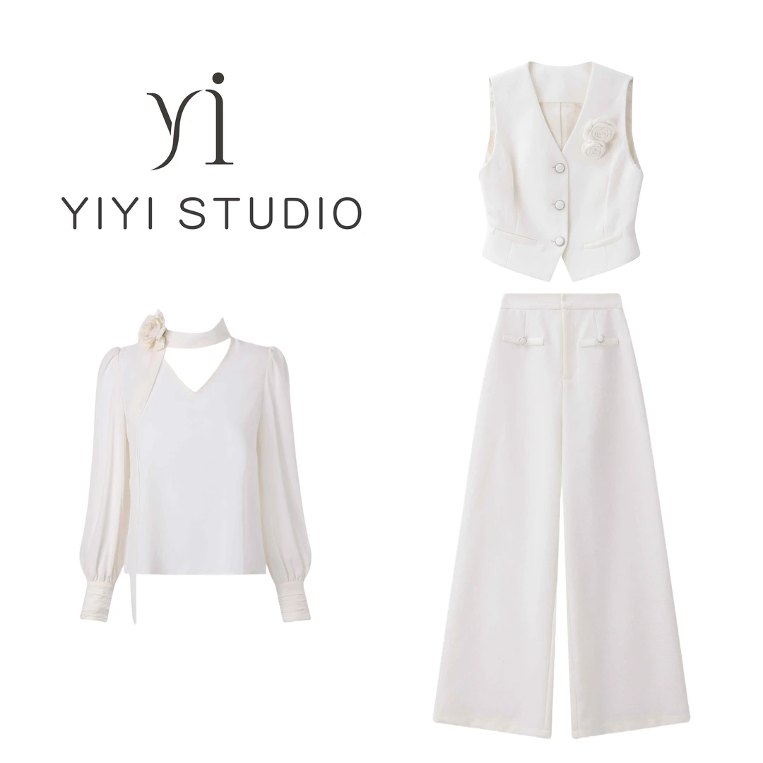 【绅士白千金】<YiYiii>法式V领飘带衬衫短款无袖马甲高腰直筒裤