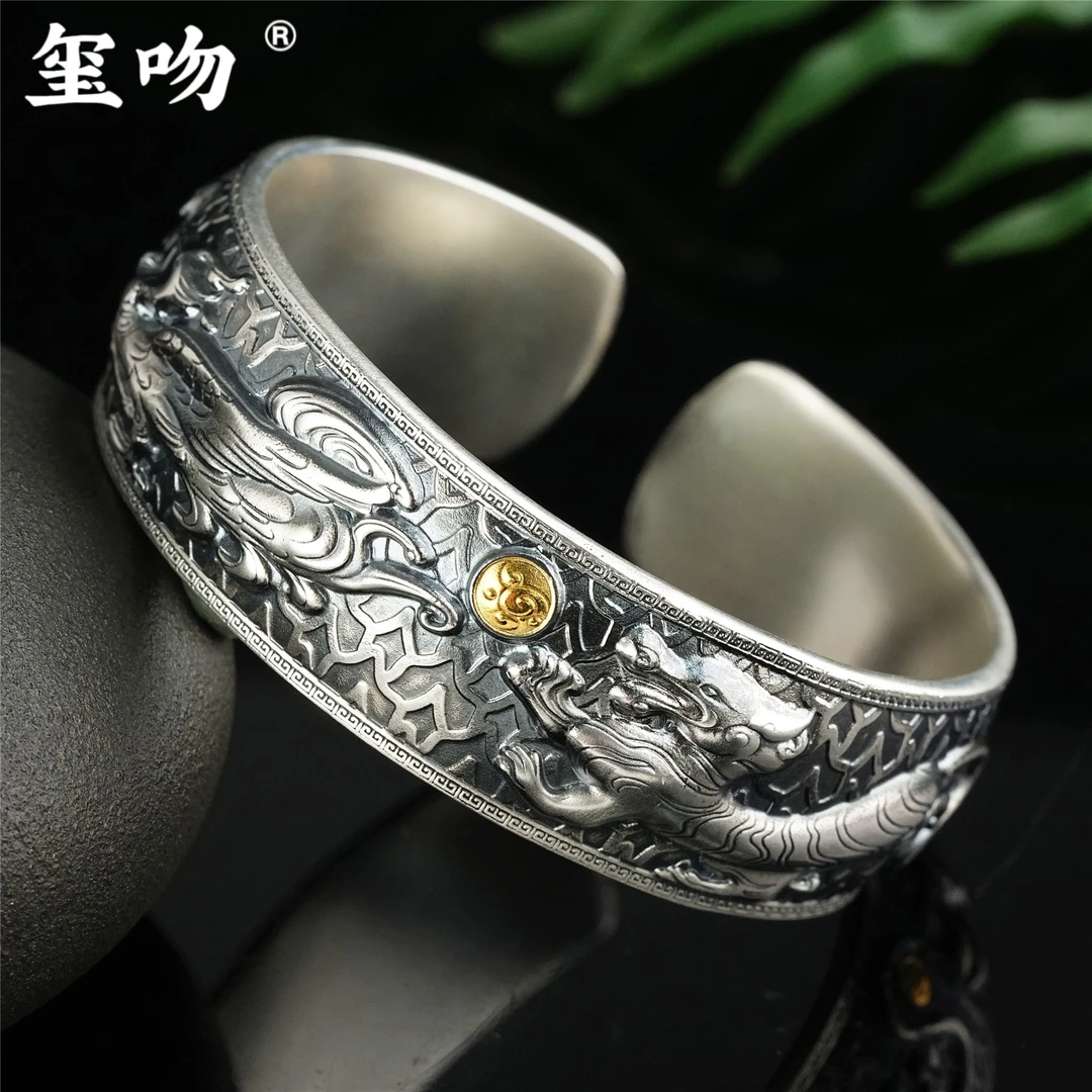 足银手镯 【玺吻银庄世家】 足银999.9 四大神兽开口手镯140克