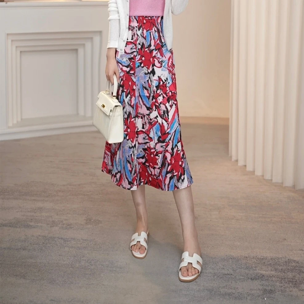 AMASS/阿玛施高腰百搭时尚气质复古莫奈印花显瘦半身裙女-5200404