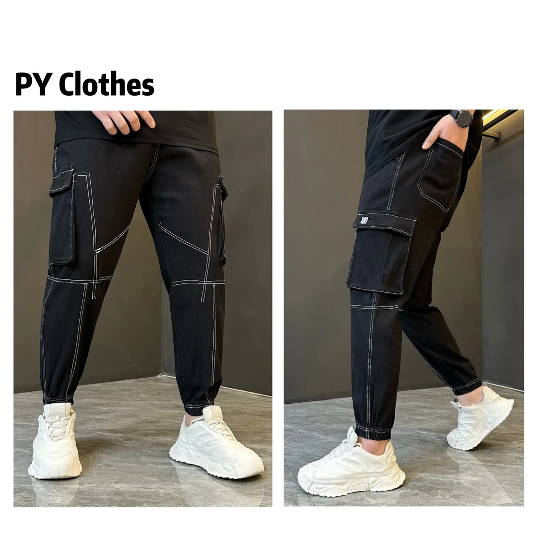胖语大码男装 2025春季新款重工明线拼段工装风束脚牛仔裤9803#F