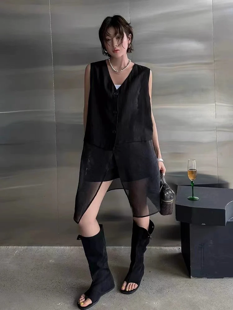 拼接时尚中长款夏季马夹黑色气质设计感女宽松型薄款马甲显瘦