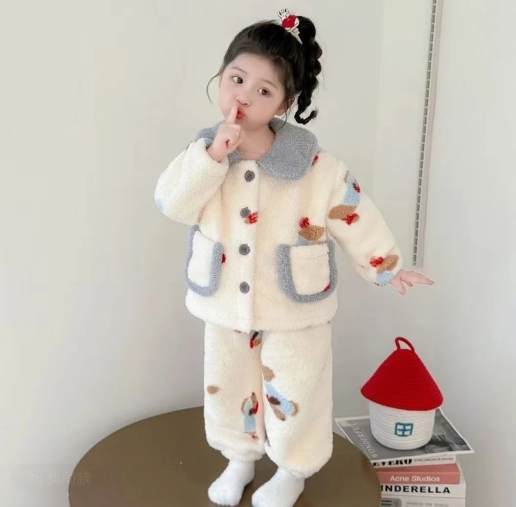 2025冬季新款居家休闲卡通风保暖家居服小女宝女童家居服套装