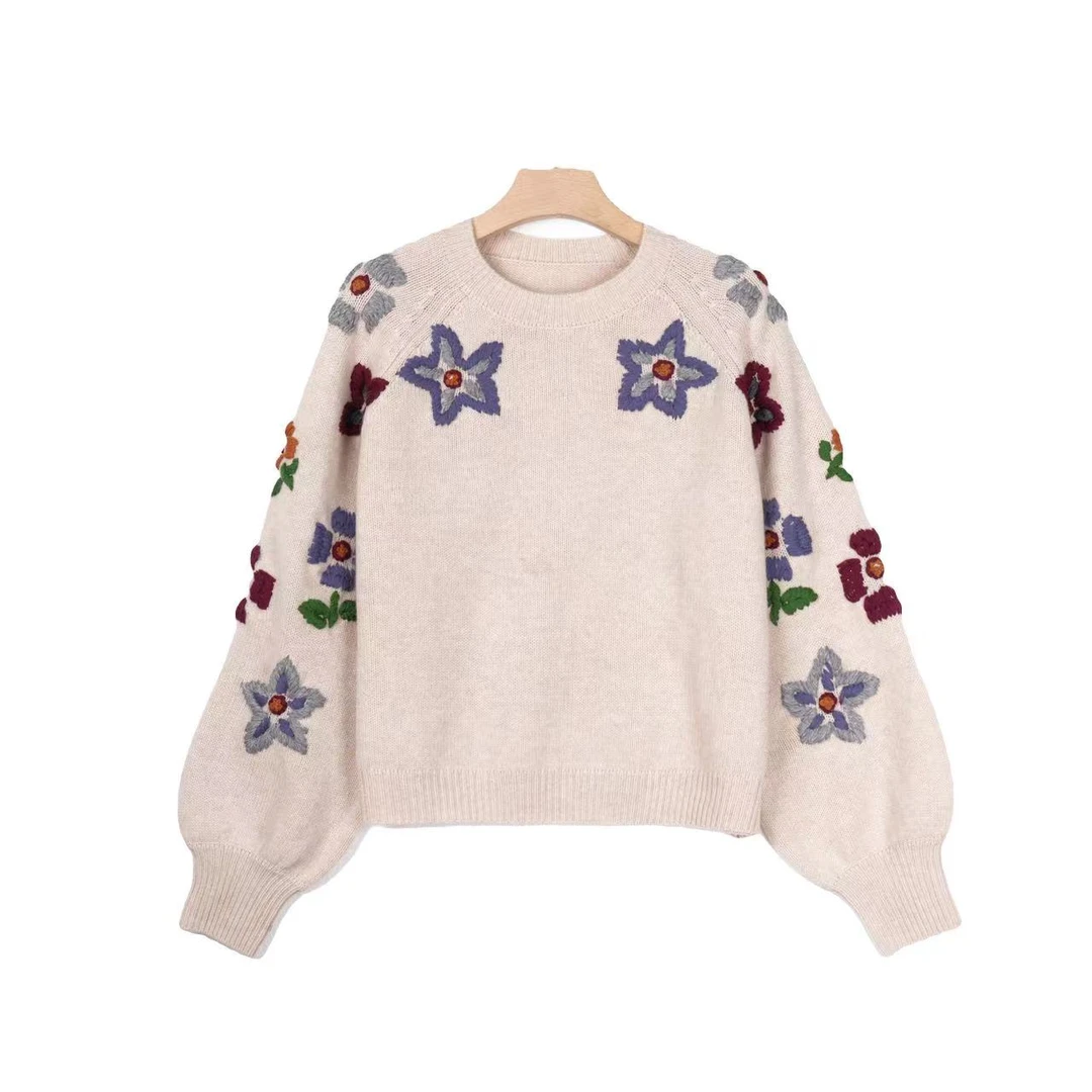 【糯】冬季新款重工绣花时尚休闲复古刺绣圆领套头毛衣
