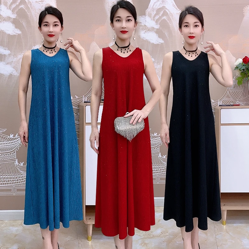 3018款成人无袖吊带V领长裙大码连衣裙A字裙高弹力优雅风