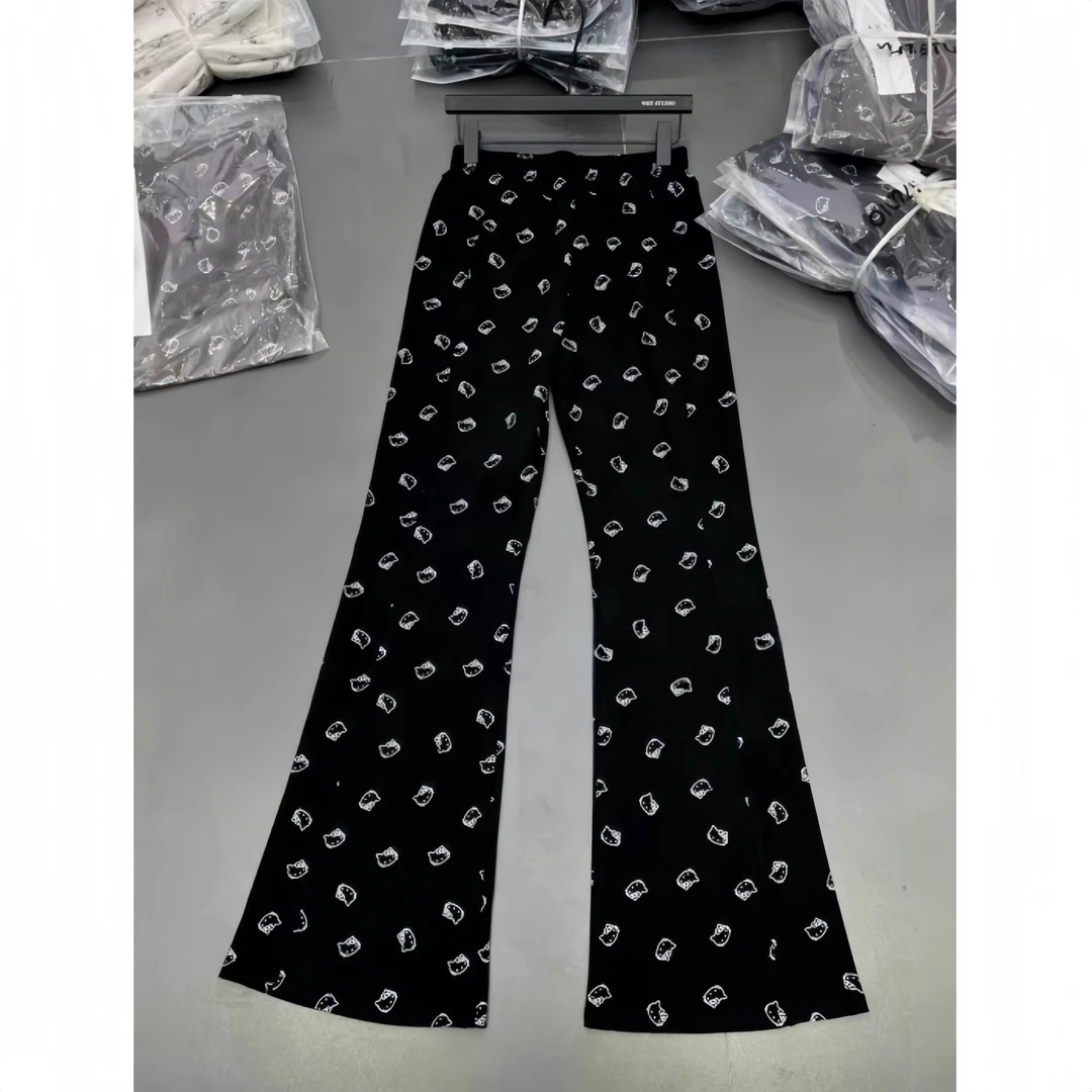 卡通kitty猫黑色微喇阔腿裤女春秋慵懒休闲糯米睡裤外穿运动卫裤