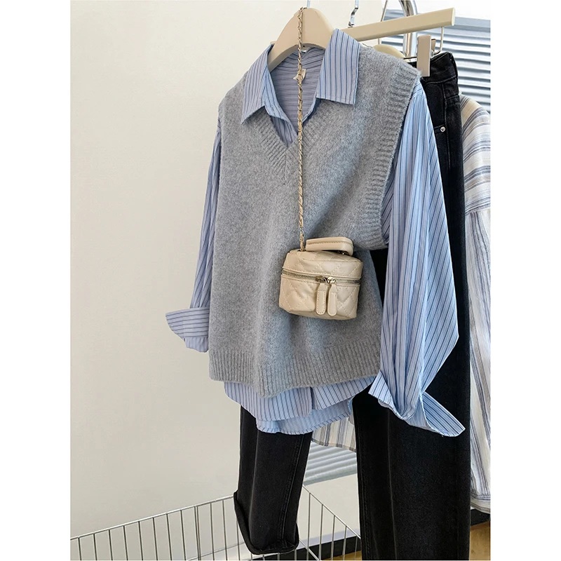 灰色v领针织马甲背心女2025冬新款坎肩毛衣叠穿小个子衬衫外穿