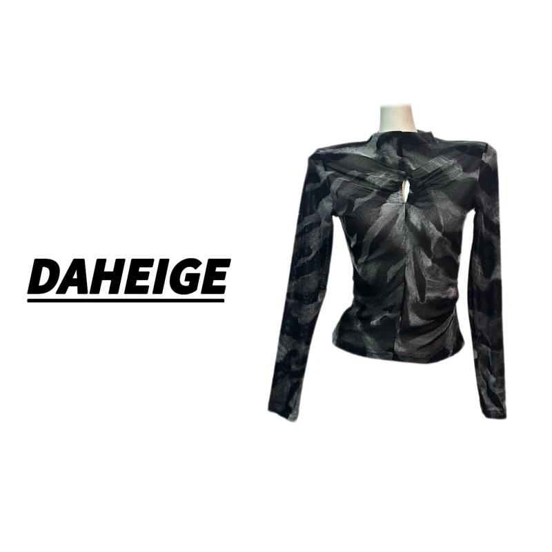【D.hge】1057#秋季新款扎染水墨色网纱镂空设计修身显瘦上衣T恤