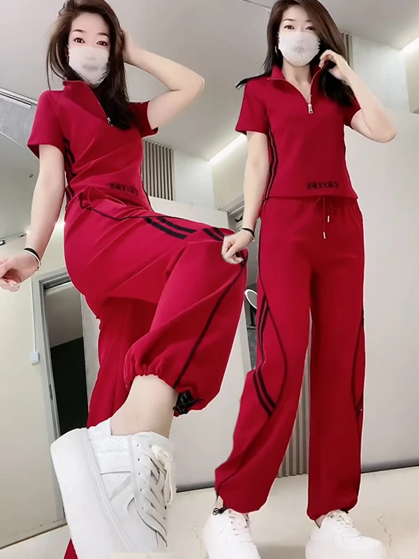 2025年夏季新款洋气显瘦刺绣短袖T恤搭配高腰阔腿裤休闲运动套装