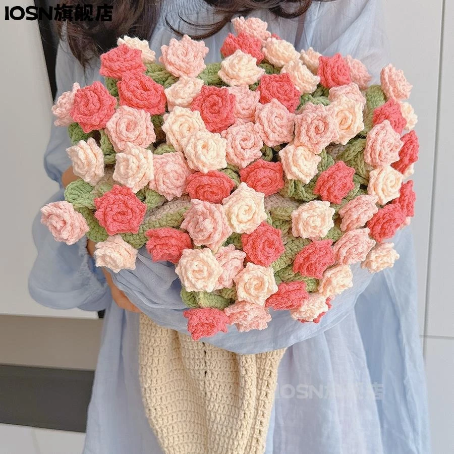 IOSN尖角玫瑰花束毯子手工编织diy材料包毛线团花毯钩织DIY礼物送