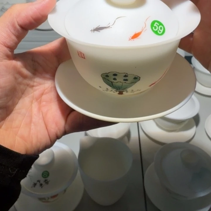 孤品素烧羊脂玉三才盖碗手绘莲蓬