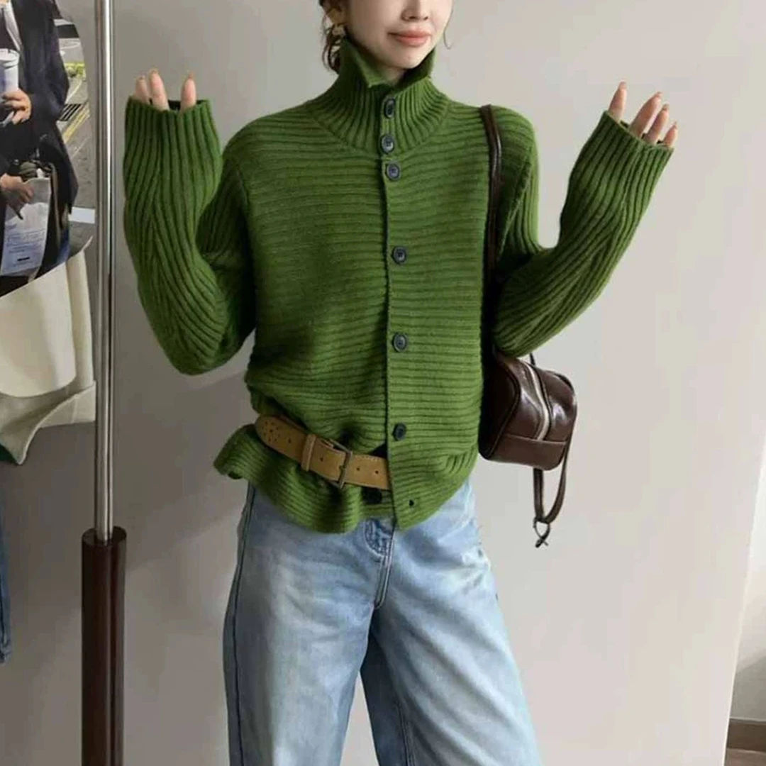 网红韩版高领绿色毛衣开衫秋冬新款宽松高级感女装洋气时髦气质