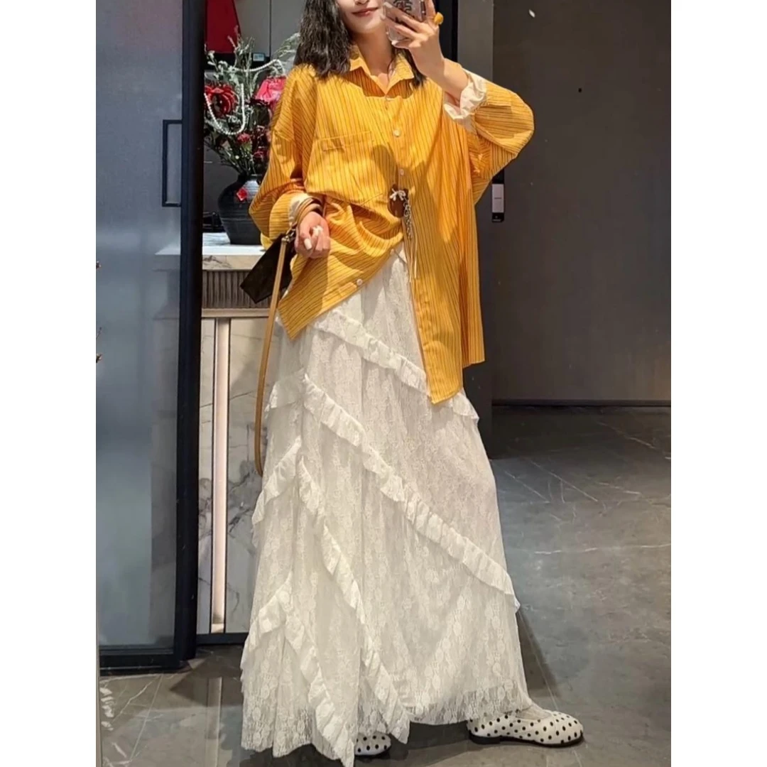 复古拼接斜纹白色蕾丝半身裙女2025早春松紧腰显瘦网纱a字长裙女