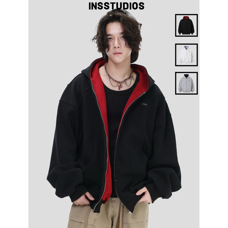 INSstudios 国潮情侣美式「黑红撞色拼接卫衣」连帽开衫拉链外套