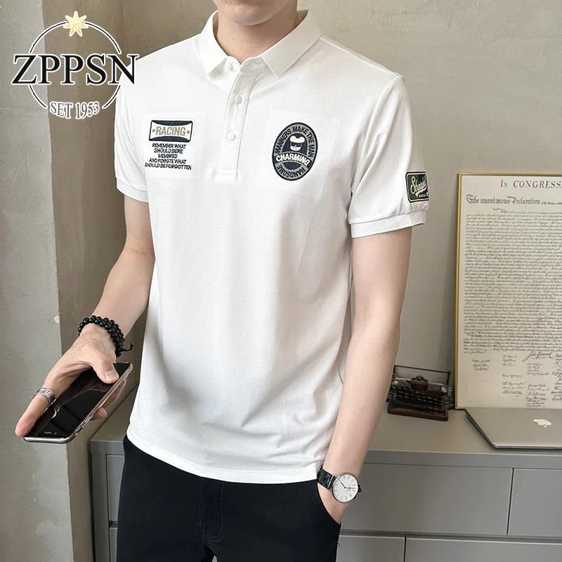 ZPPSNpolo衫男时尚夏季新款修身刺绣徽章装饰男士翻领拉夫·劳伦