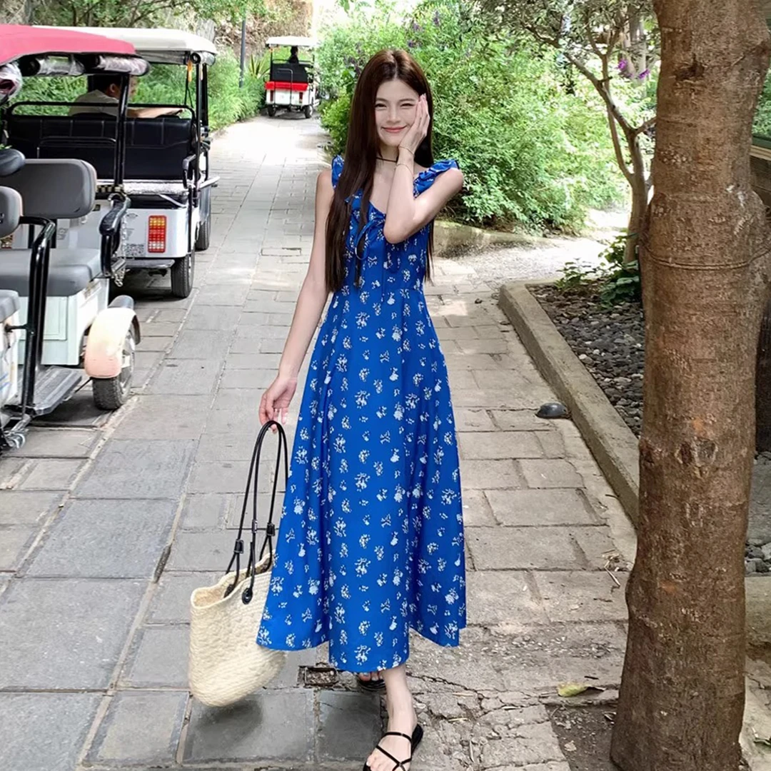 【现货+运补】法式气质蓝色碎花吊带裙女夏高级感4777