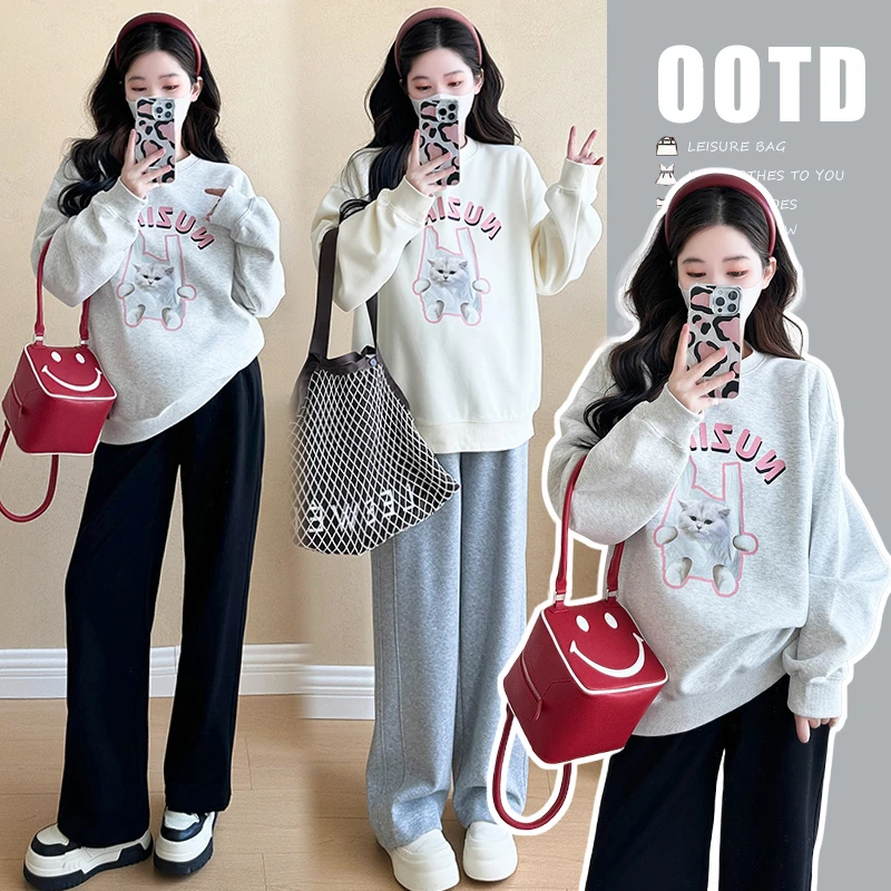 2025春秋季新款韩版休闲卡通图案小猫卫衣孕妇上衣长袖外穿