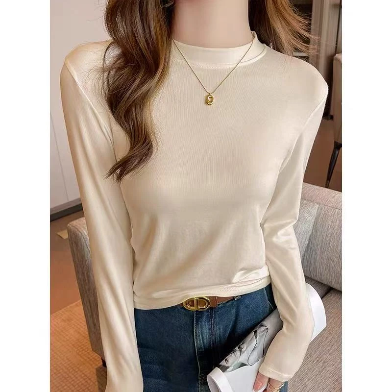 A85秋冬新款磨毛加厚小立领中领长袖加绒薄绒显瘦百搭打底衫女T恤