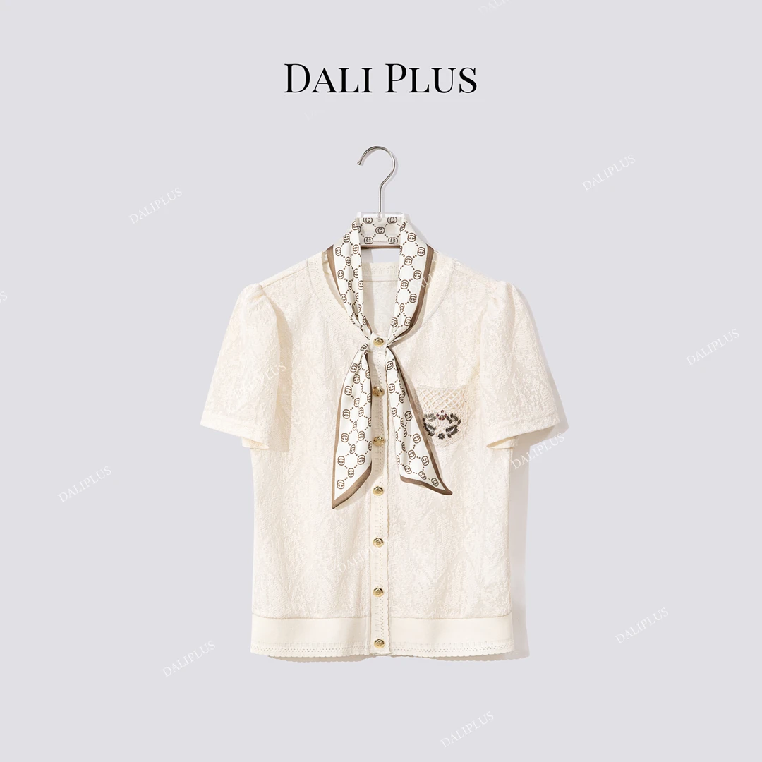 DALI PLUS“印花丝巾&针织”菱形冰丝优雅小香风短袖开衫-D5CH4387