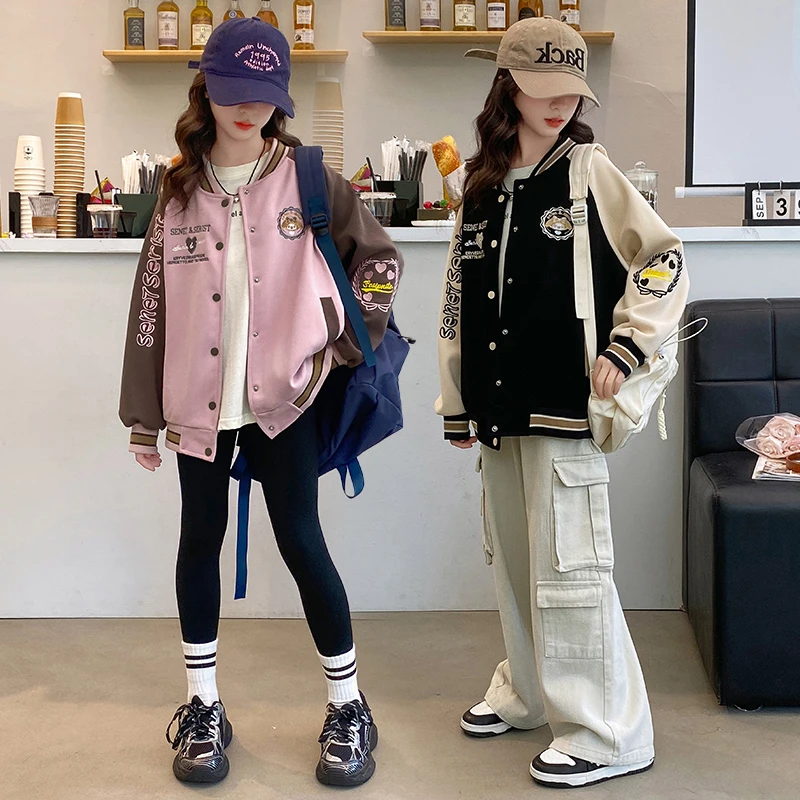 女童春秋棒球服外套儿童中大童时尚休闲宽松撞色棒球服女孩外套潮