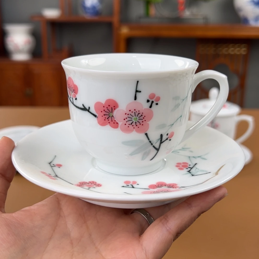 滑石子 红梅咖啡杯碟，微瑕开片