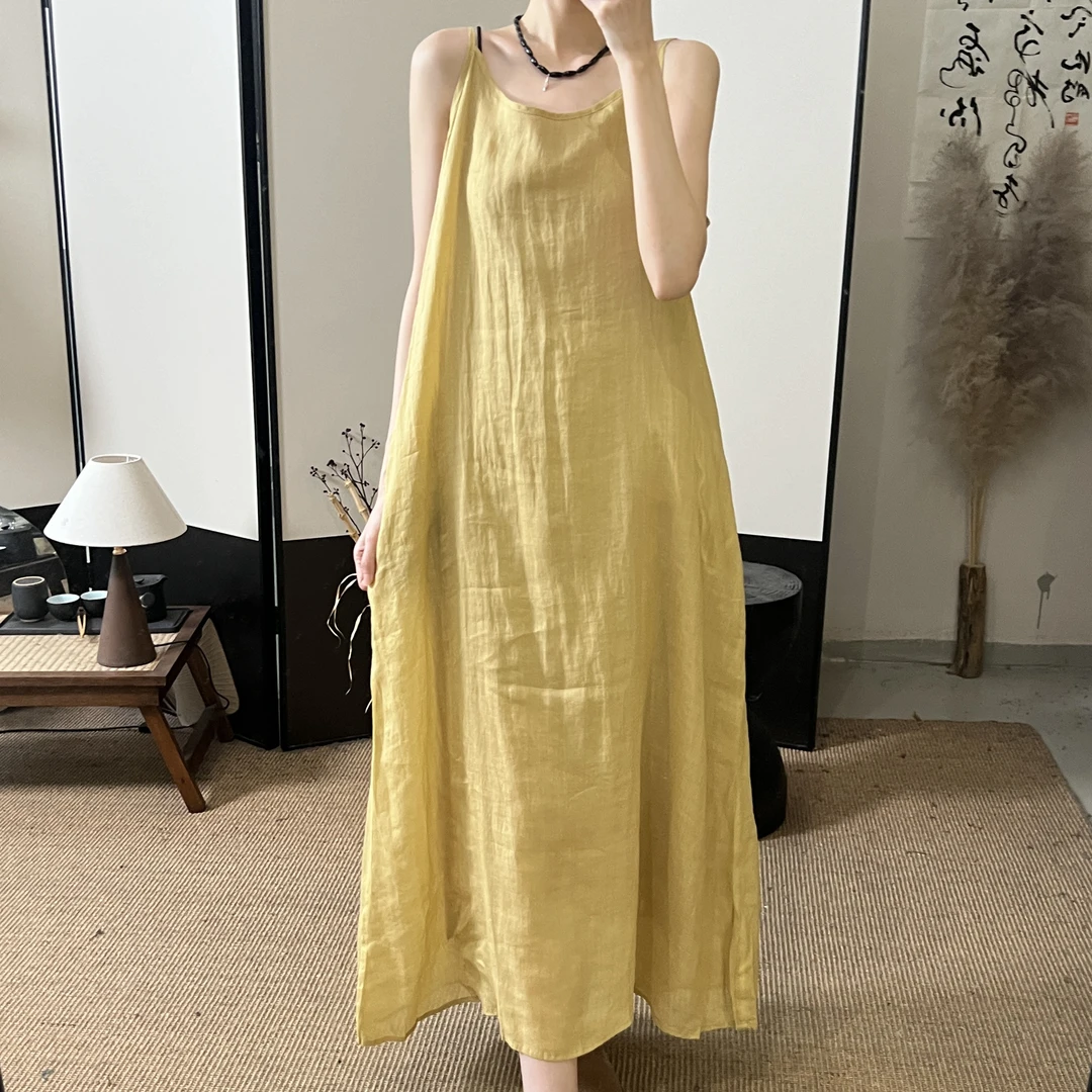 2024春夏新款可调节系带纯色小众苎麻背心连衣裙