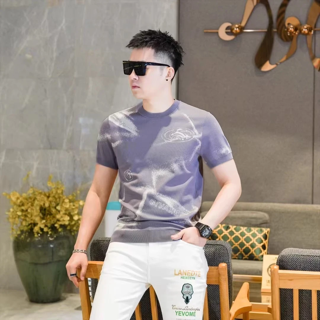 夏季时尚提花冰丝针织衫短袖t恤男修身百搭薄款半袖休闲男士潮流