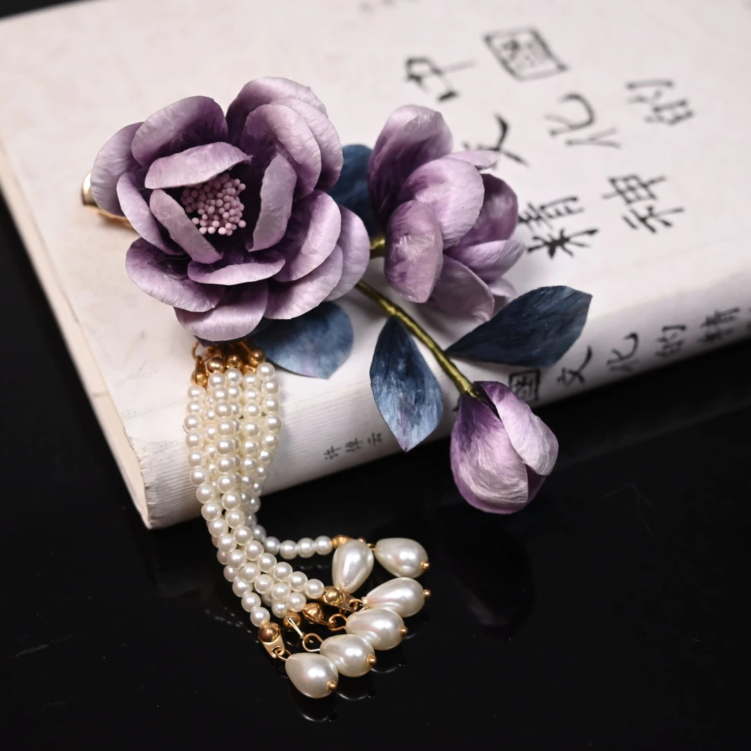 【小紫牡丹】非遗绒花紫色日常简约复古鸭嘴夹边夹