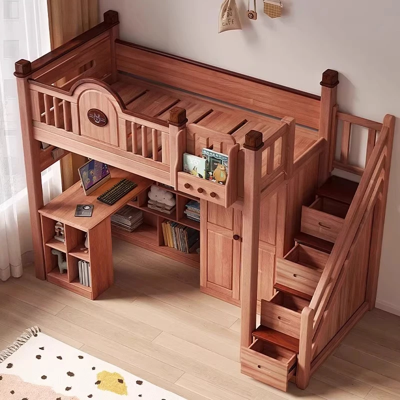 红檀木上床下书桌一体组合床成人带衣柜高架床儿童床两层床双层床