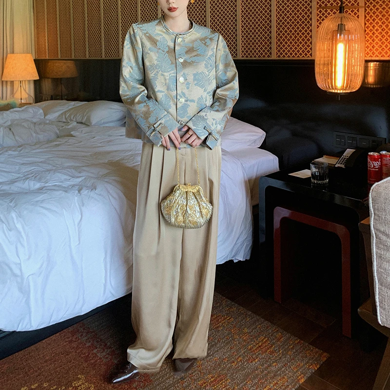 新中式提花外套女春秋季开衫上衣休闲阔腿裤国风套装 A24073