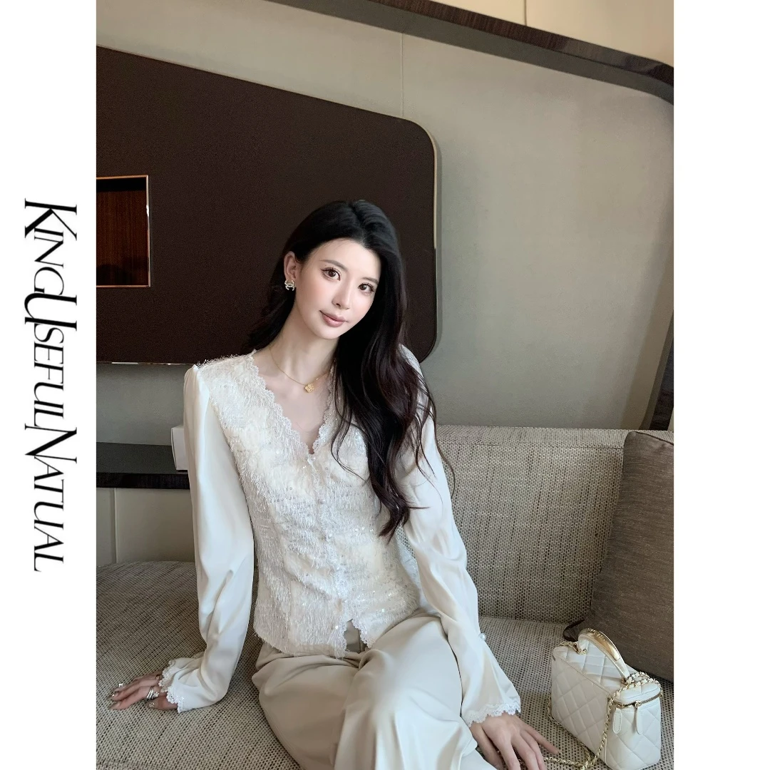 KUN【䕒境】气质贵女 立体盘绣珠片v领泡泡袖亮片蕾丝上衣