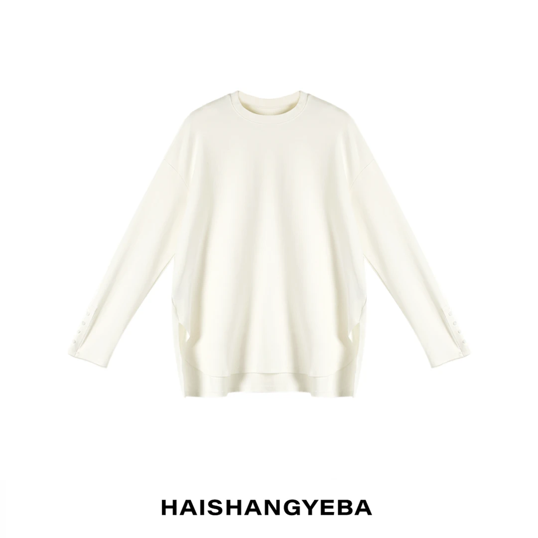 【海上叶爸】新款2025春秋百搭人棉圆领前短后长开叉长袖T恤