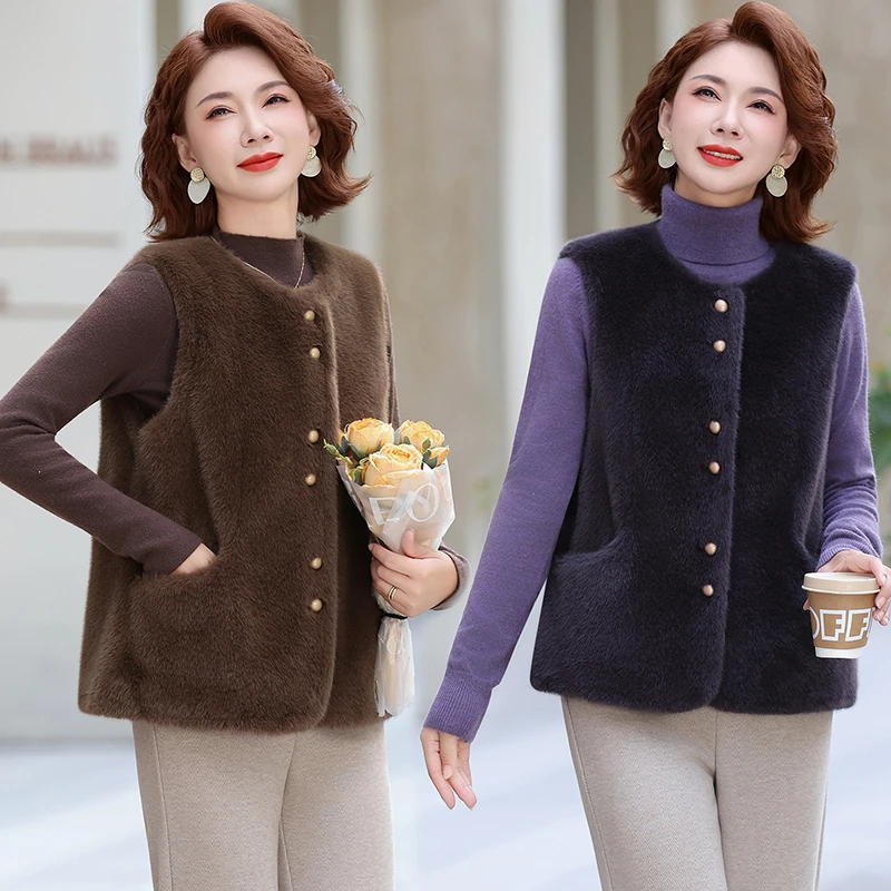 妈妈秋冬装仿水貂绒马甲气质坎肩中老年女装时尚皮毛一体保暖马夹