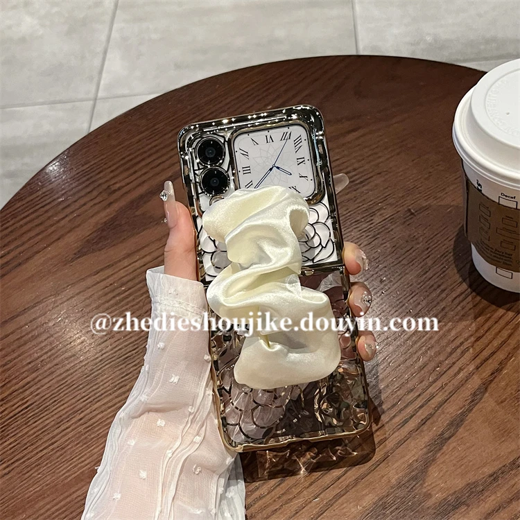 适用华为novaflip手机壳折叠屏透明电镀金色山茶花豹纹丝巾腕带女