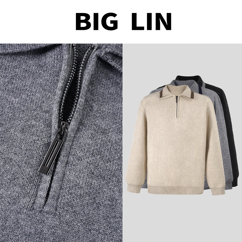 BIG林 冬季撞色双层翻领半拉链百搭加厚花纱针织情侣毛衣M8139