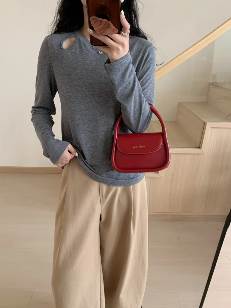 天丝羊毛打底衫女镂空气质休闲圆领长袖T恤百搭修身网红宽松小衫