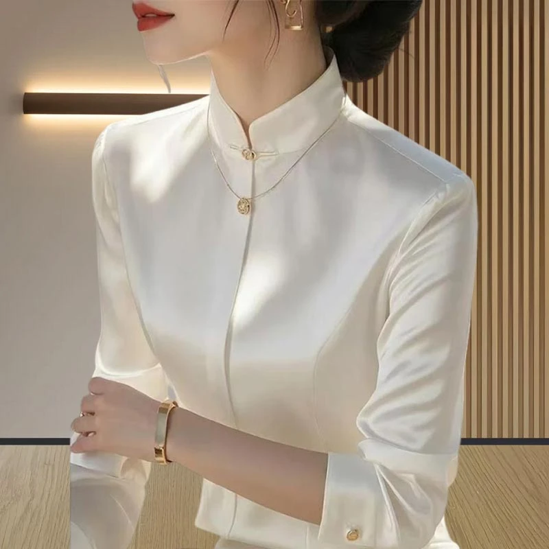 2025年春秋新款中式国风高级感衬衫女立领设计感纯色个性百搭上衣