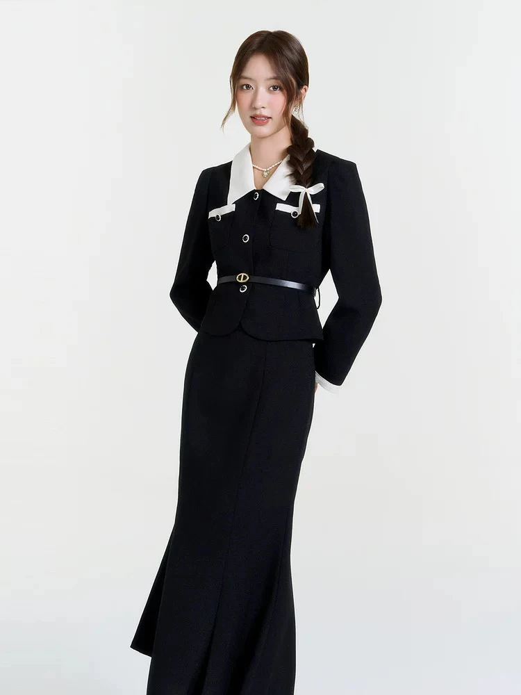 法式复古拼接翻领外套高腰直筒裤套装女小香风